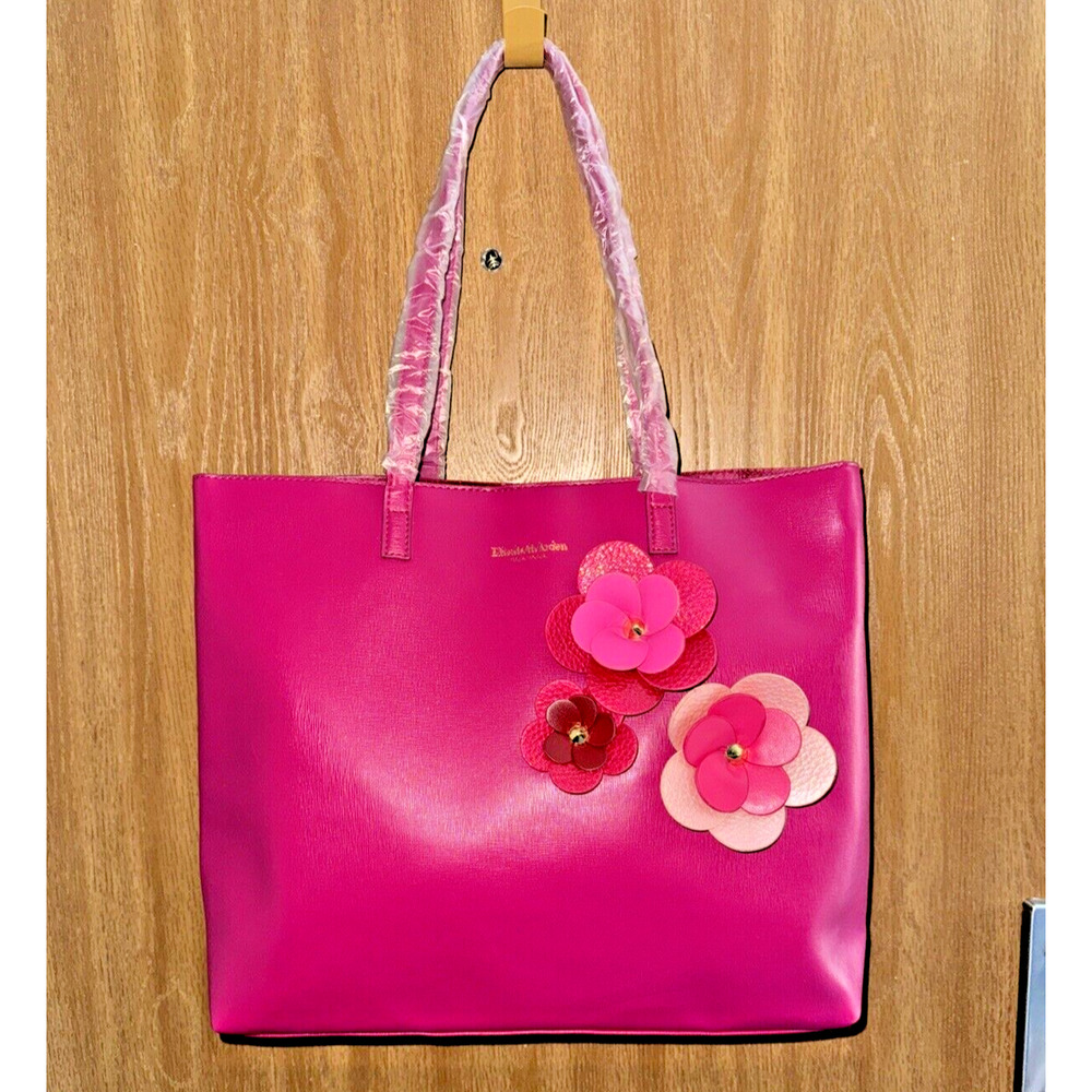 Elizabeth Arden Vintage Fuschia Pink Leather Tote Bag with Flowers | Handbag